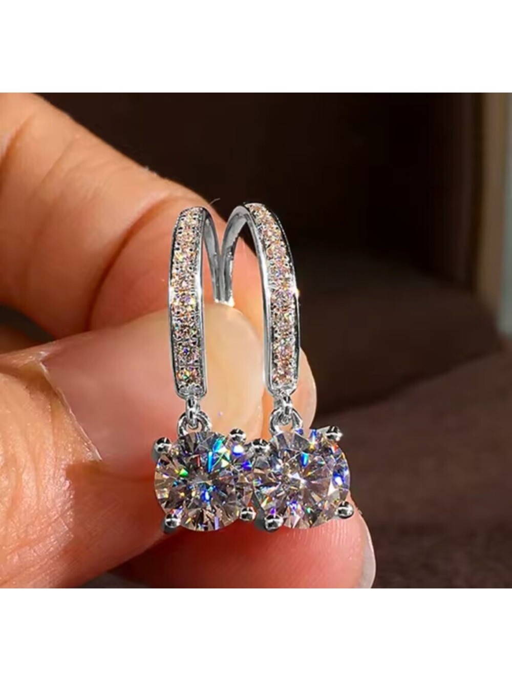 Dangle/drop earrings for women, moissanite simulated 2ct, silver tone,
